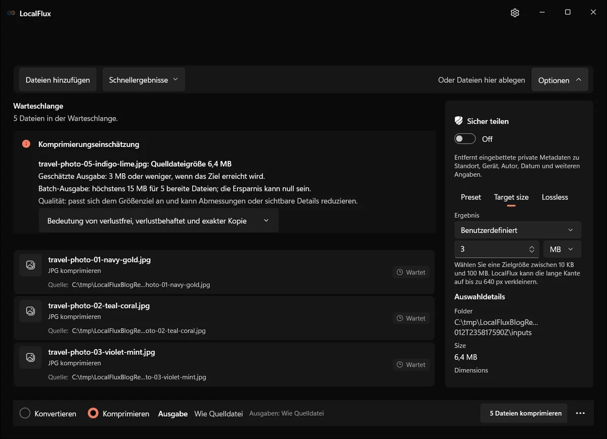 3 MB pro Foto ergeben höchstens 15 MB für fünf Bilder