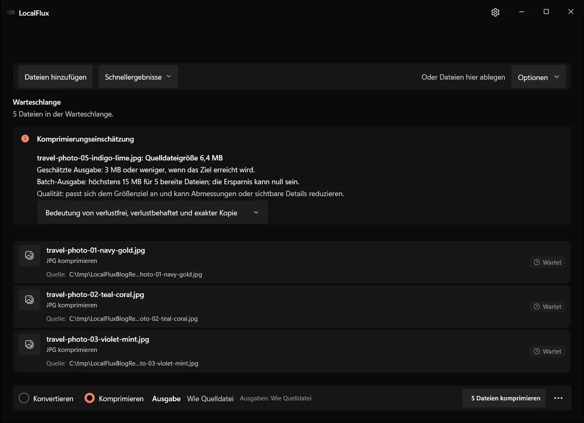 Fünf große JPEG-Fotos sind in LocalFlux vorbereitet
