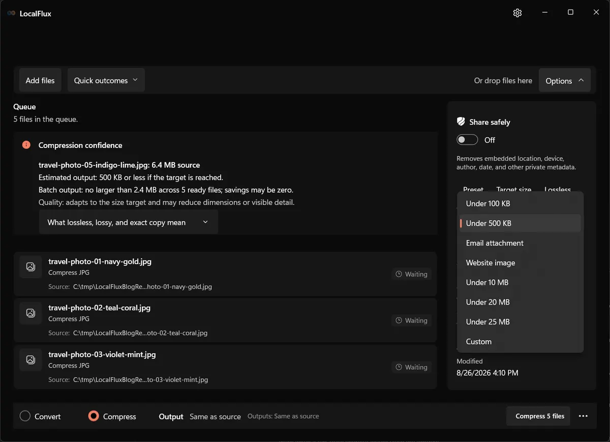 LocalFlux target-size menu with email and custom outcomes