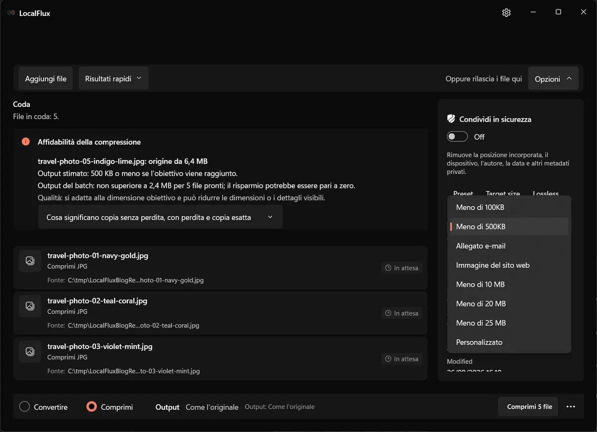 Menu di LocalFlux per la dimensione di destinazione con i risultati per l'email e personalizzato