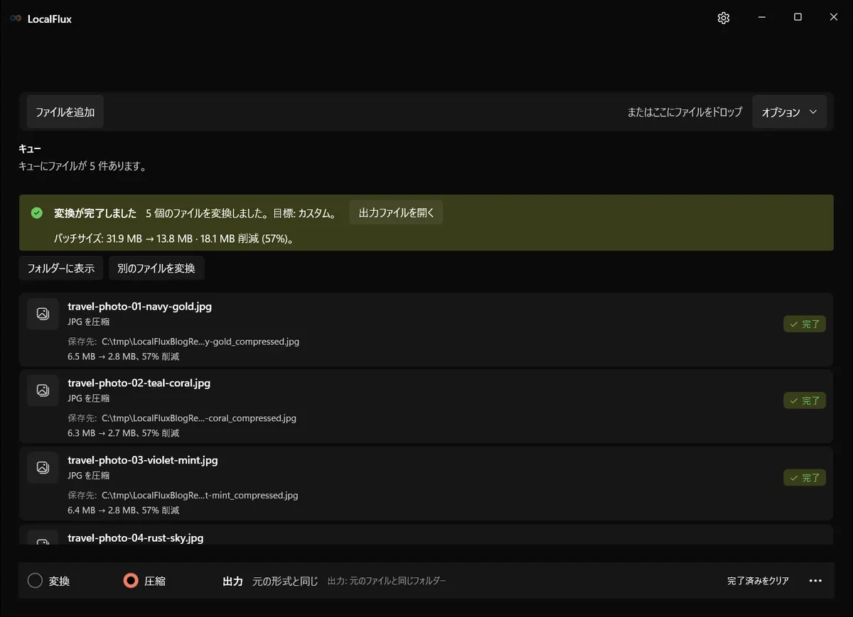 LocalFluxで圧縮を完了した5枚のメール用写真と13.8 MBの合計サイズ