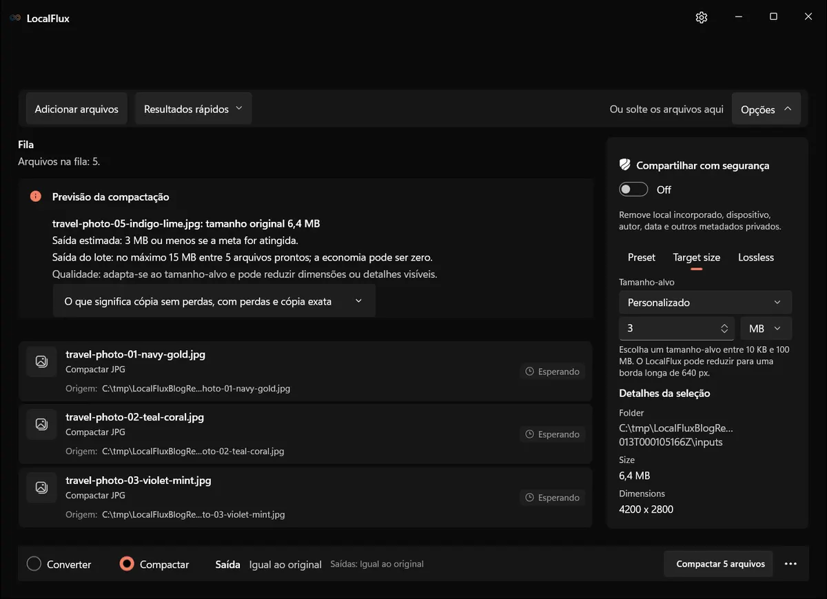 Um alvo personalizado de 3 MB mostrando máximo de 15 MB para cinco fotos
