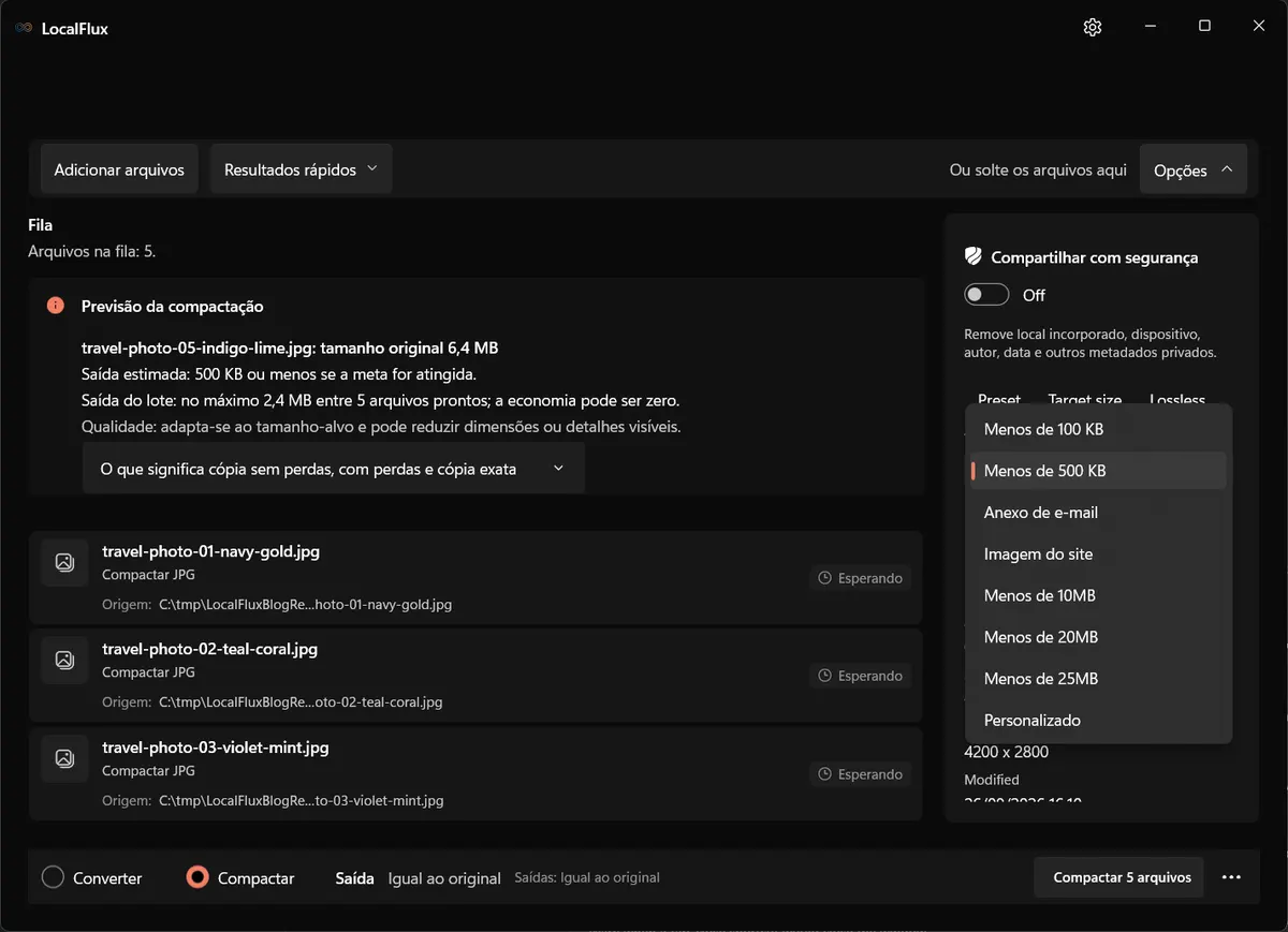 Menu de tamanho-alvo do LocalFlux com opções para e-mail e personalizadas