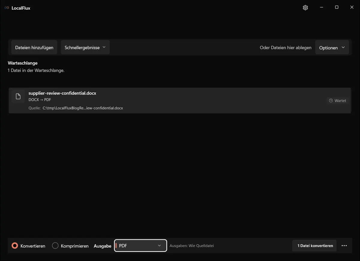 LocalFlux mit einem synthetischen DOCX in der Warteschlange und PDF als Ausgabe. Sichtbar ist nur ein neutraler Testpfad unter C:\tmp.