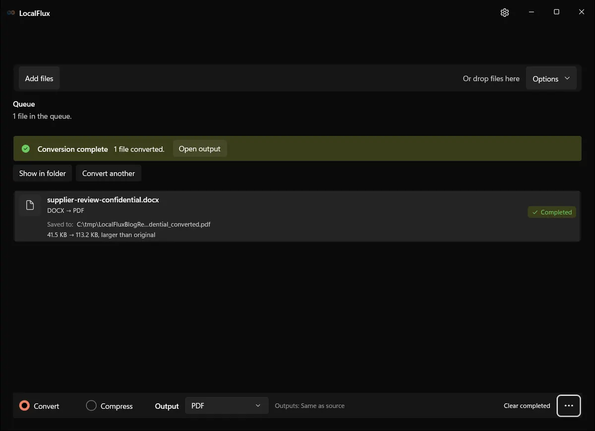 LocalFlux reporting one successful DOCX-to-PDF conversion and the neutral output folder.
