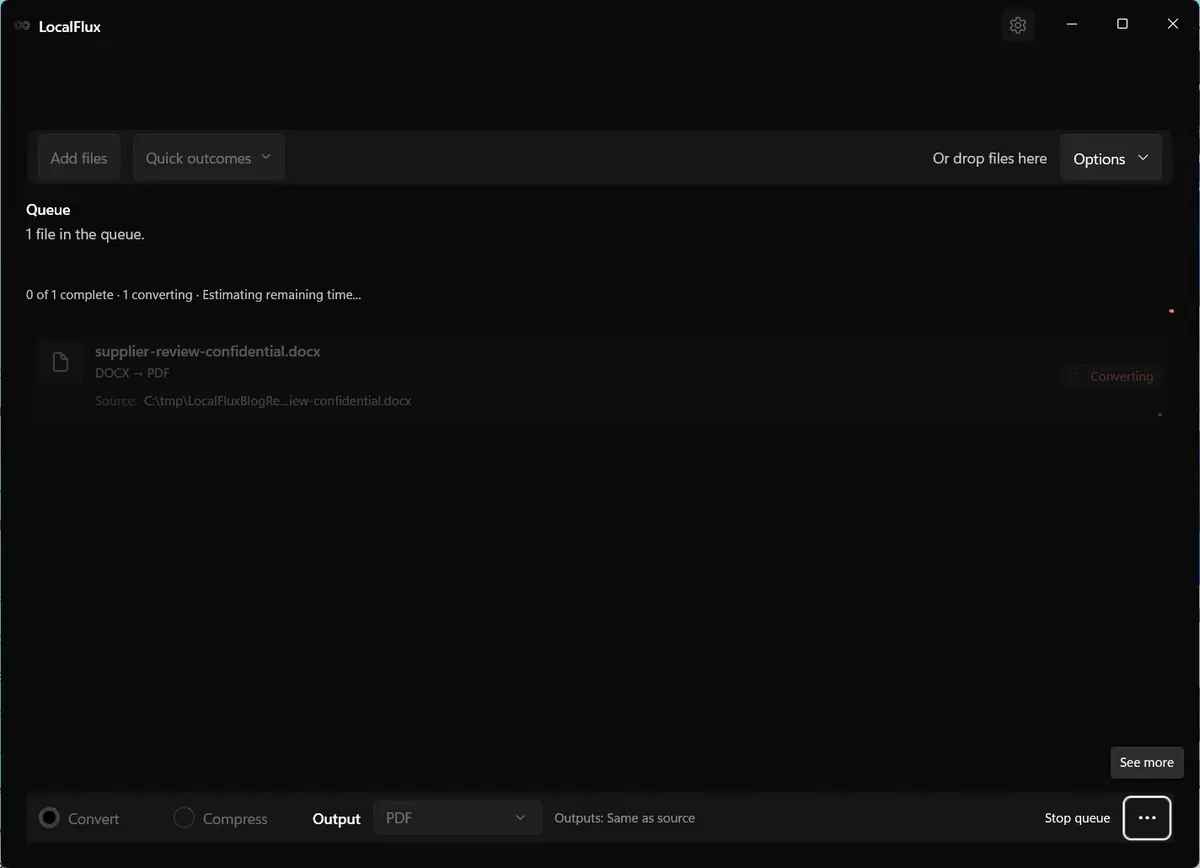 LocalFlux showing the tested DOCX-to-PDF job in progress.