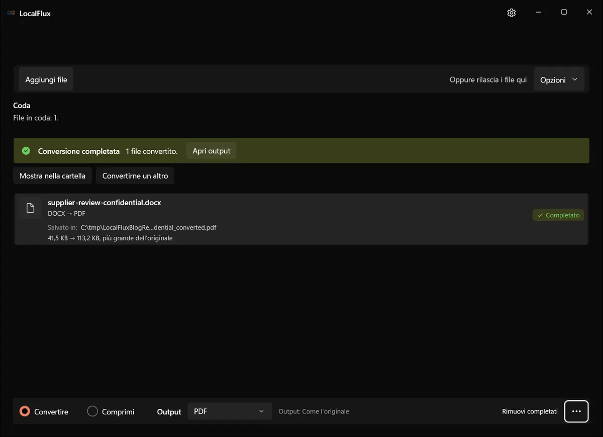 LocalFlux segnala una conversione da DOCX a PDF riuscita e mostra la cartella di output neutra.