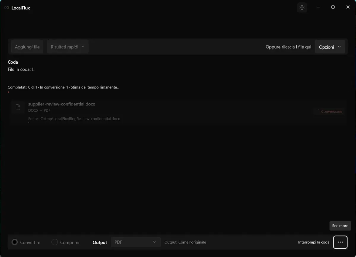 LocalFlux mostra l'elaborazione del processo testato di conversione da DOCX a PDF.