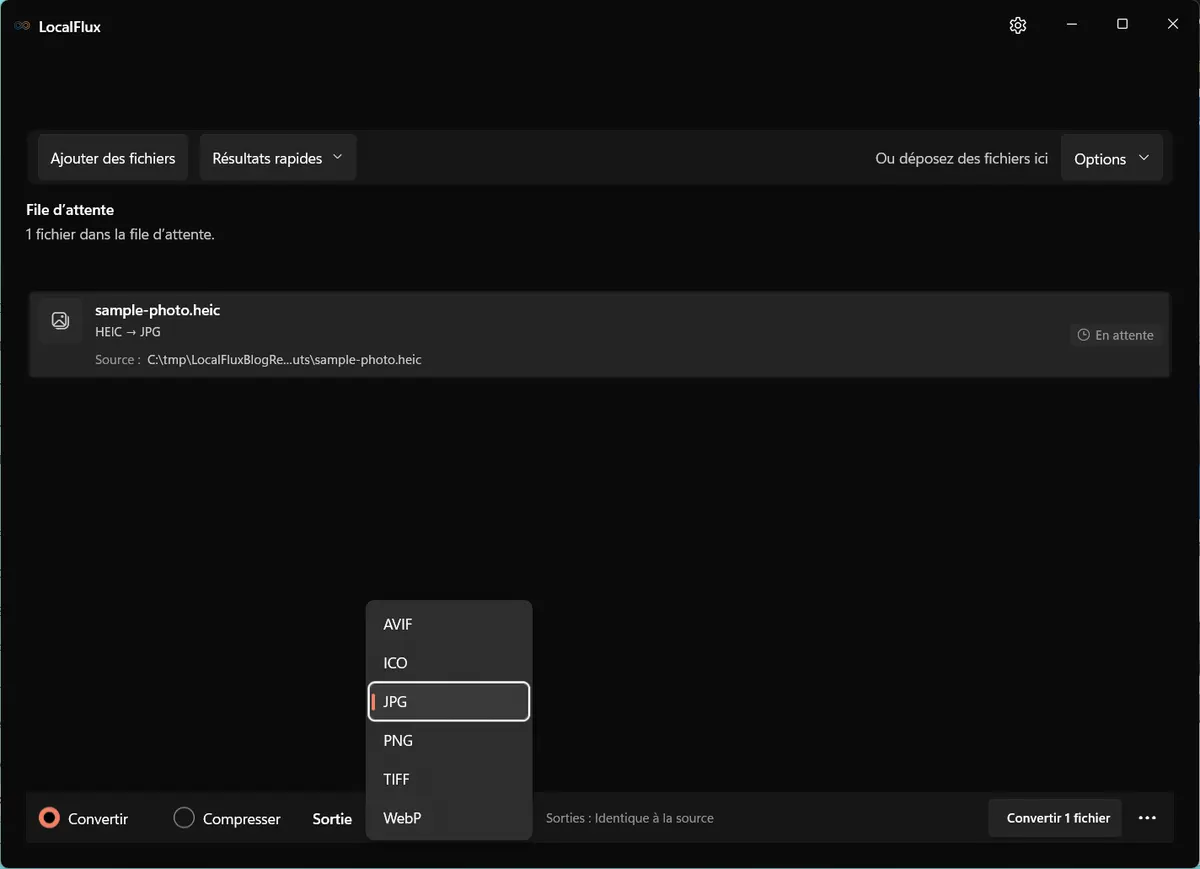 Menu de sortie LocalFlux pour une source HEIC, avec JPG, PNG, TIFF, WebP et ICO.