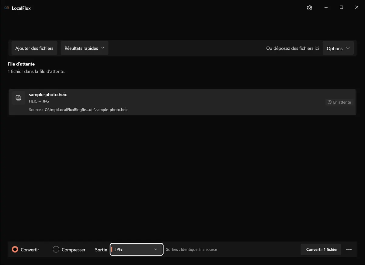 Photo HEIC de 1440 par 960 pixels prête dans LocalFlux avec JPG comme sortie.