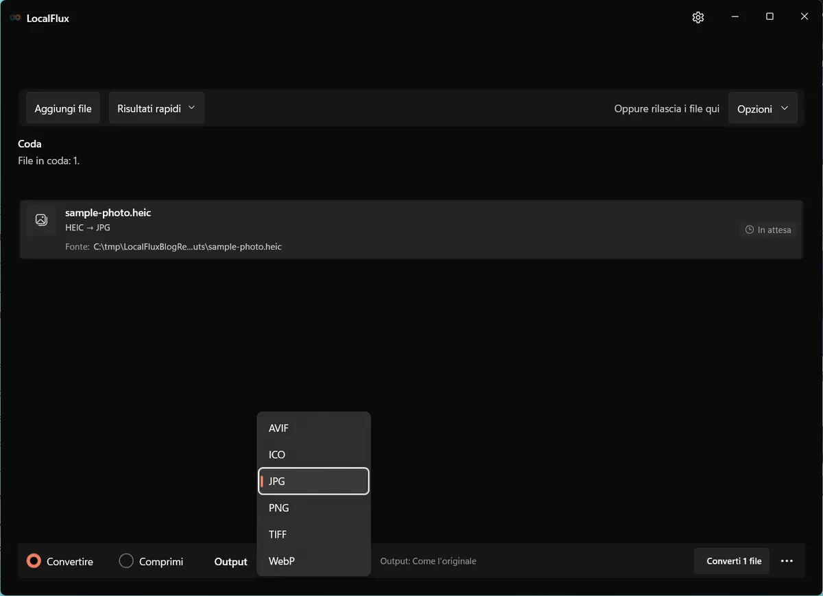 Il menu dell'output di LocalFlux per una sorgente HEIC, con JPG, PNG, TIFF, WebP e ICO.