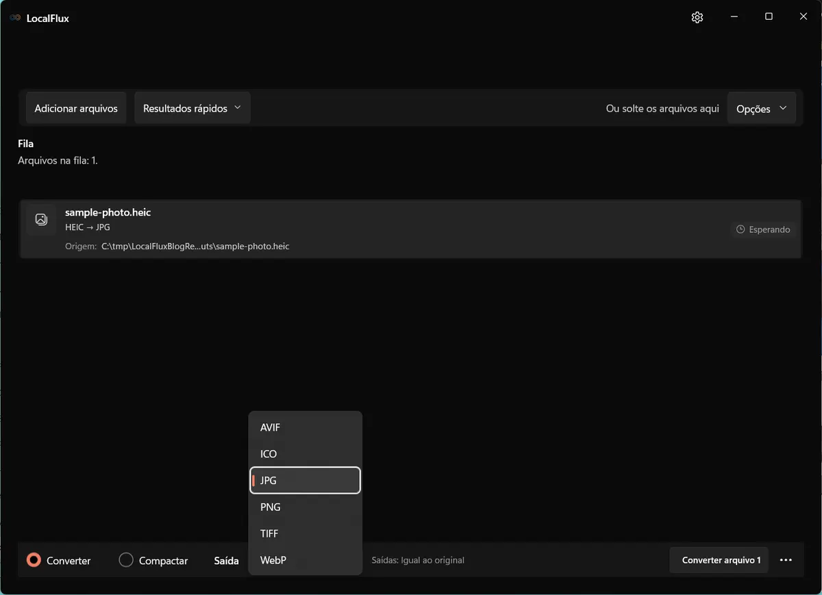 O menu de saída do LocalFlux para uma origem HEIC, mostrando JPG, PNG, TIFF, WebP e ICO.