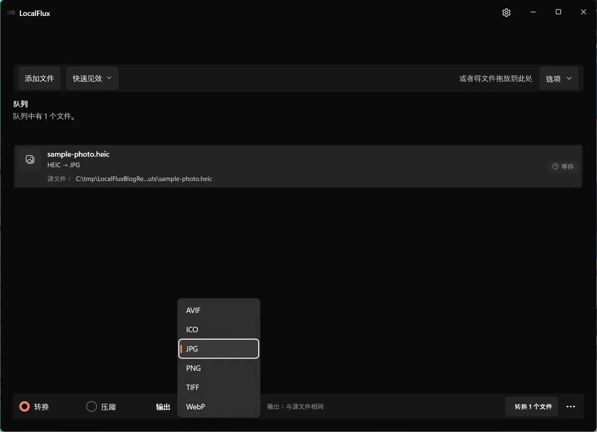HEIC 源文件的 LocalFlux 输出菜单,显示 JPG、PNG、TIFF、WebP 和 ICO。