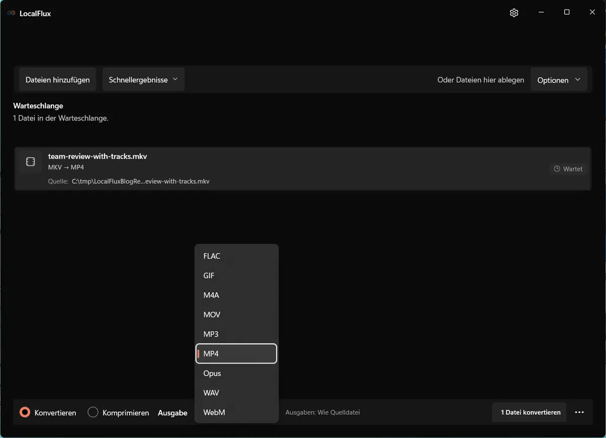 LocalFlux-Ausgabemenü mit MP4 als Ziel für die MKV-Konvertierung.