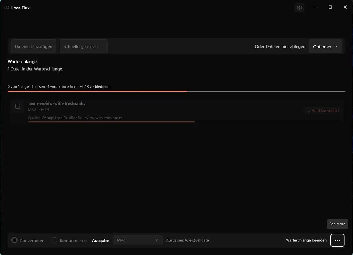 LocalFlux zeigt die laufende Konvertierung von MKV in MP4.