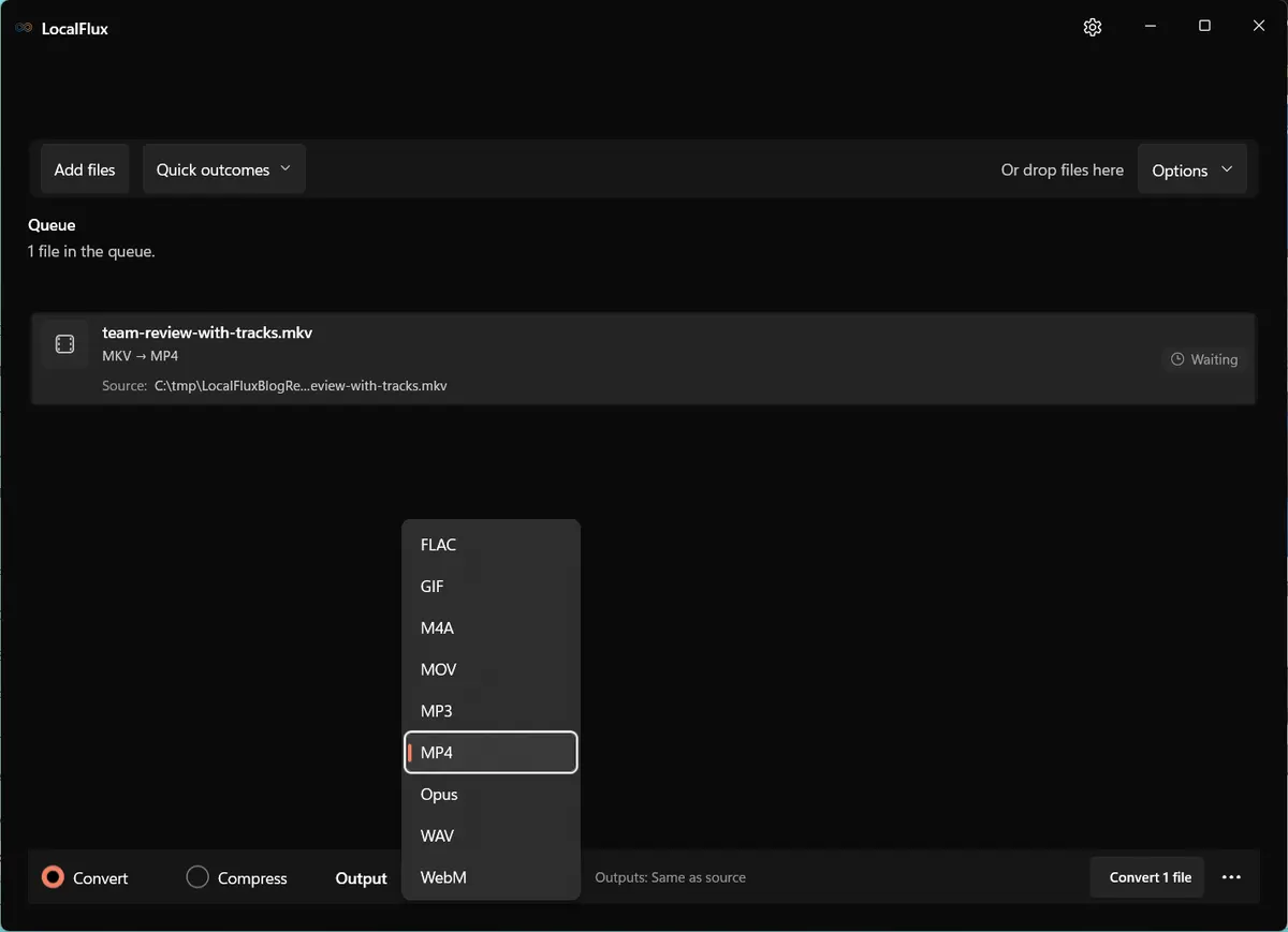 LocalFlux output menu with MP4 selected for the MKV conversion.