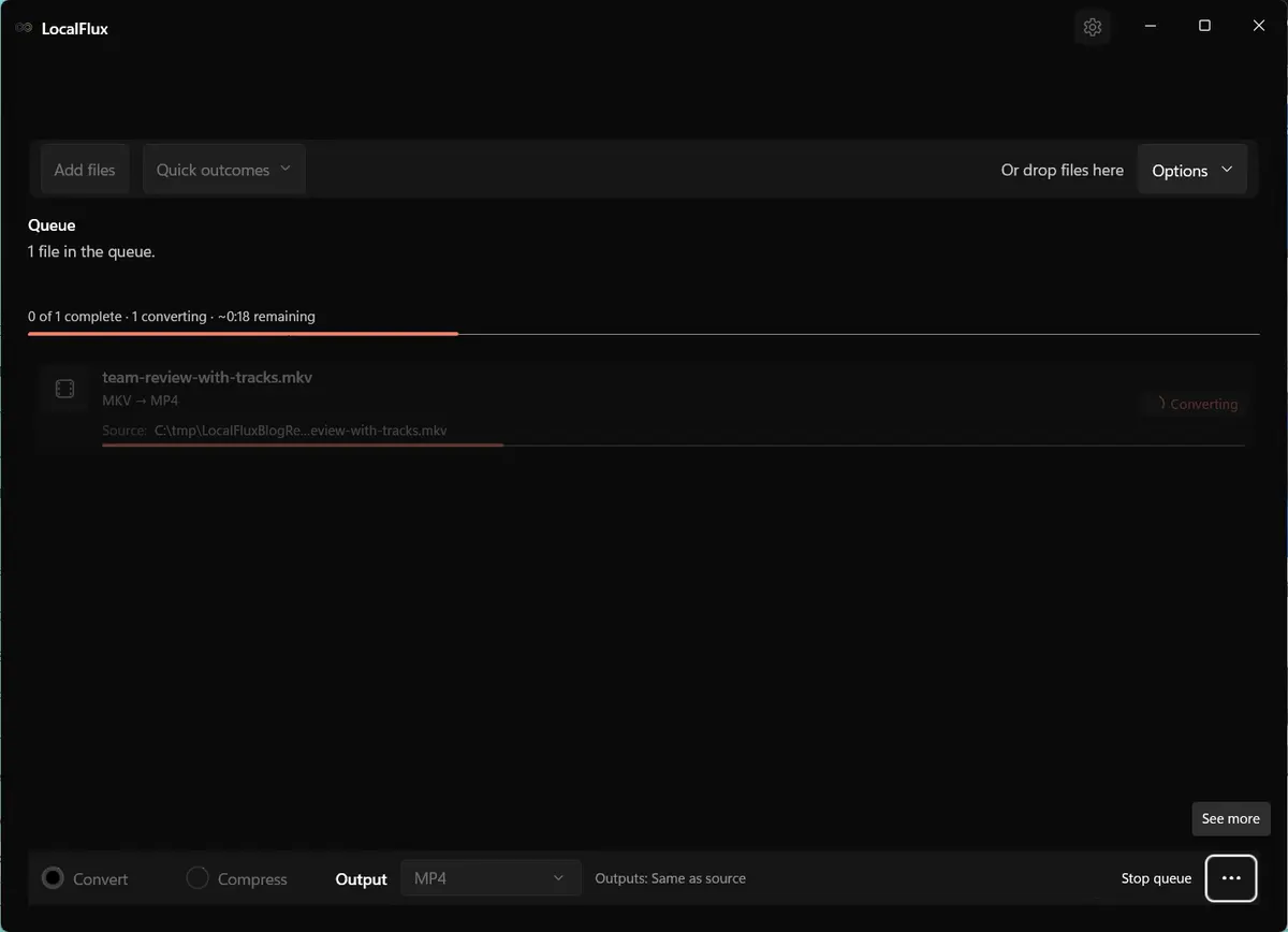 LocalFlux showing the MKV-to-MP4 conversion in progress.