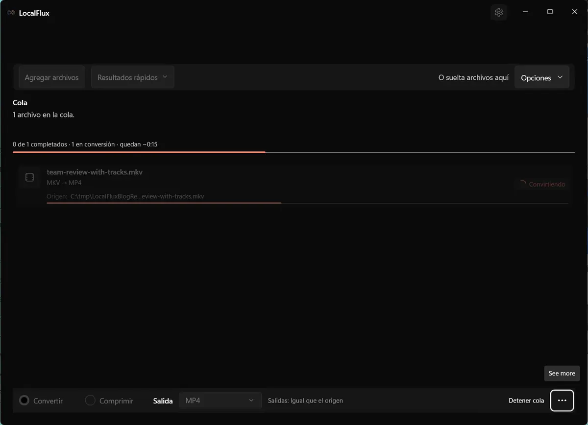 LocalFlux muestra la conversión de MKV a MP4 en curso.