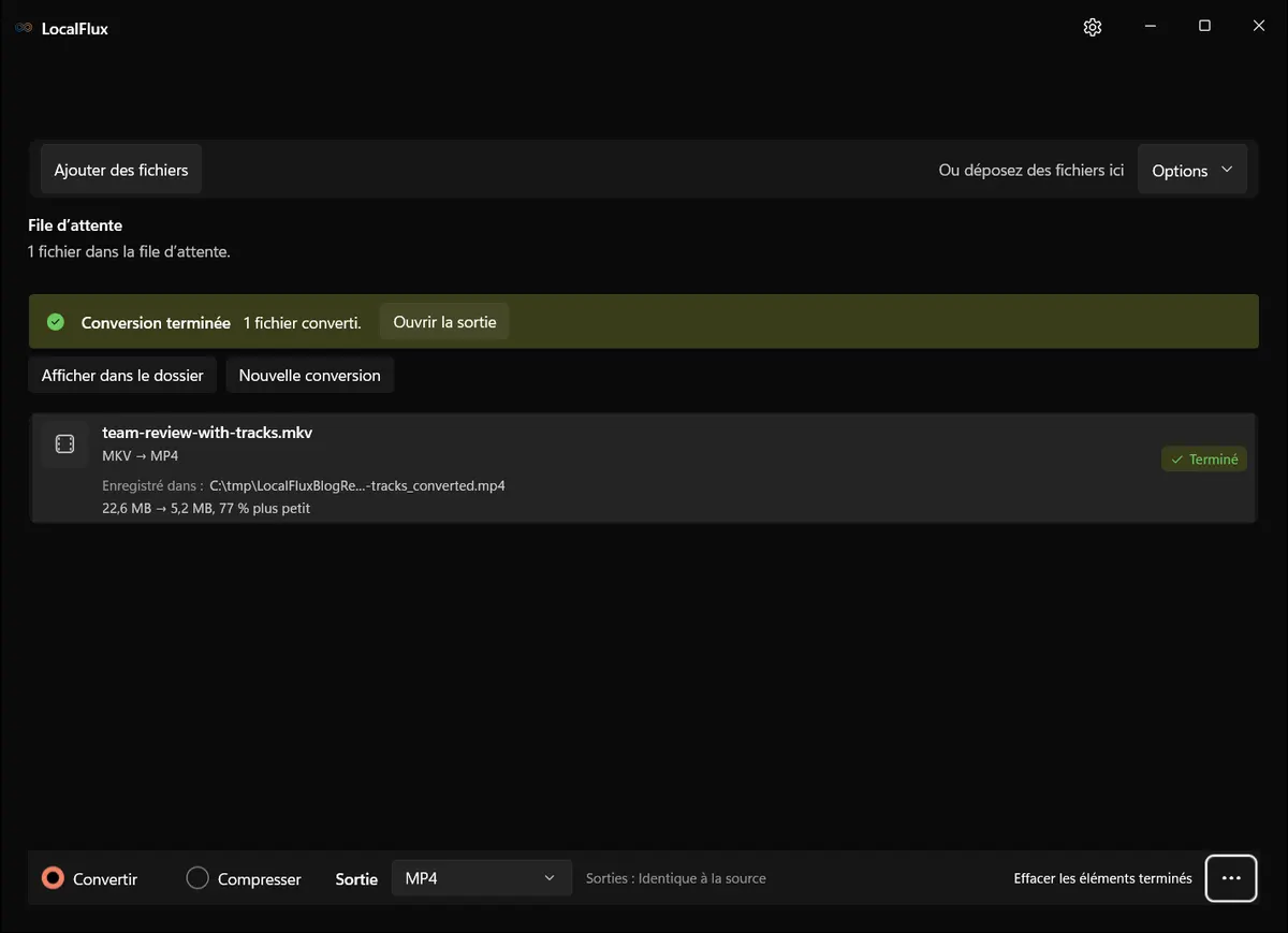 LocalFlux indique que la conversion du MKV en MP4 s’est terminée correctement.