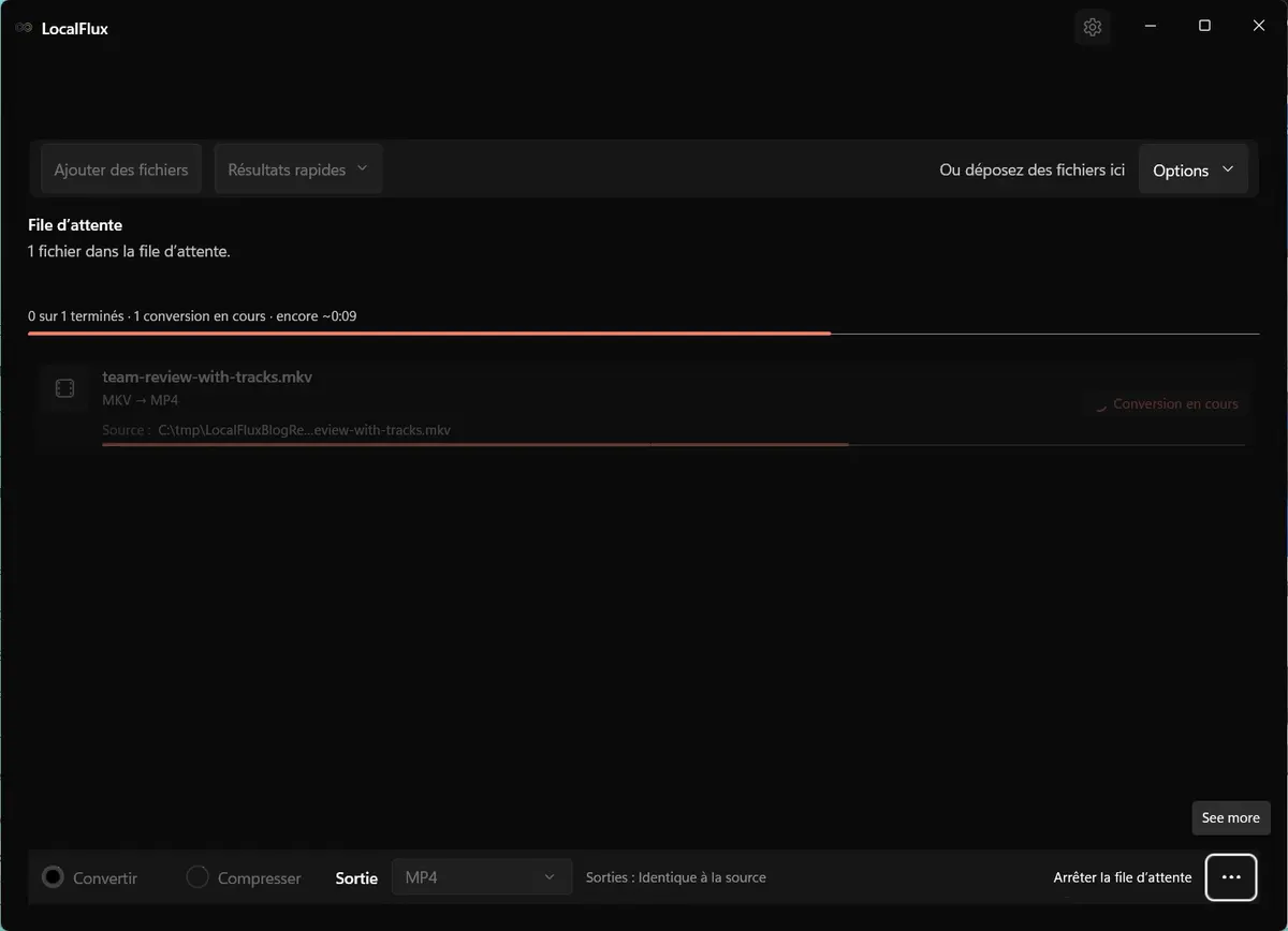 LocalFlux affiche la conversion de MKV en MP4 en cours.