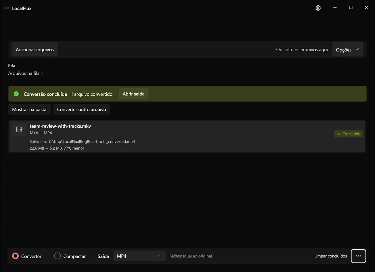 LocalFlux informando que a conversão de MKV para MP4 foi concluída com sucesso.