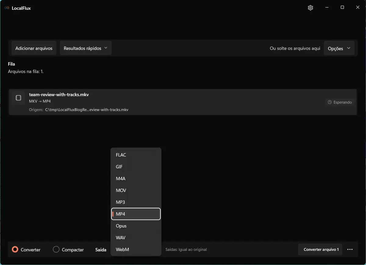 Menu de saída do LocalFlux com MP4 selecionado para a conversão do MKV.