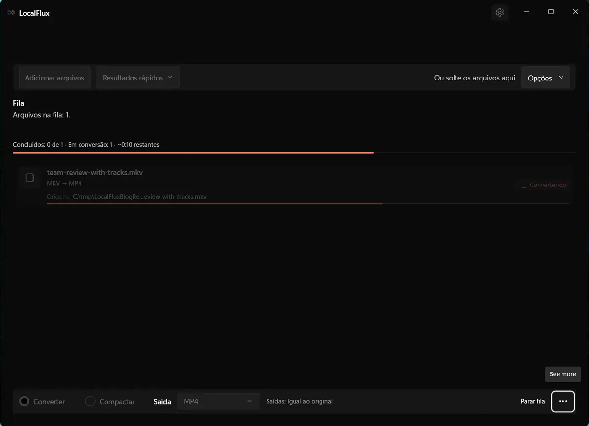 LocalFlux mostra a conversão de MKV para MP4 em andamento.