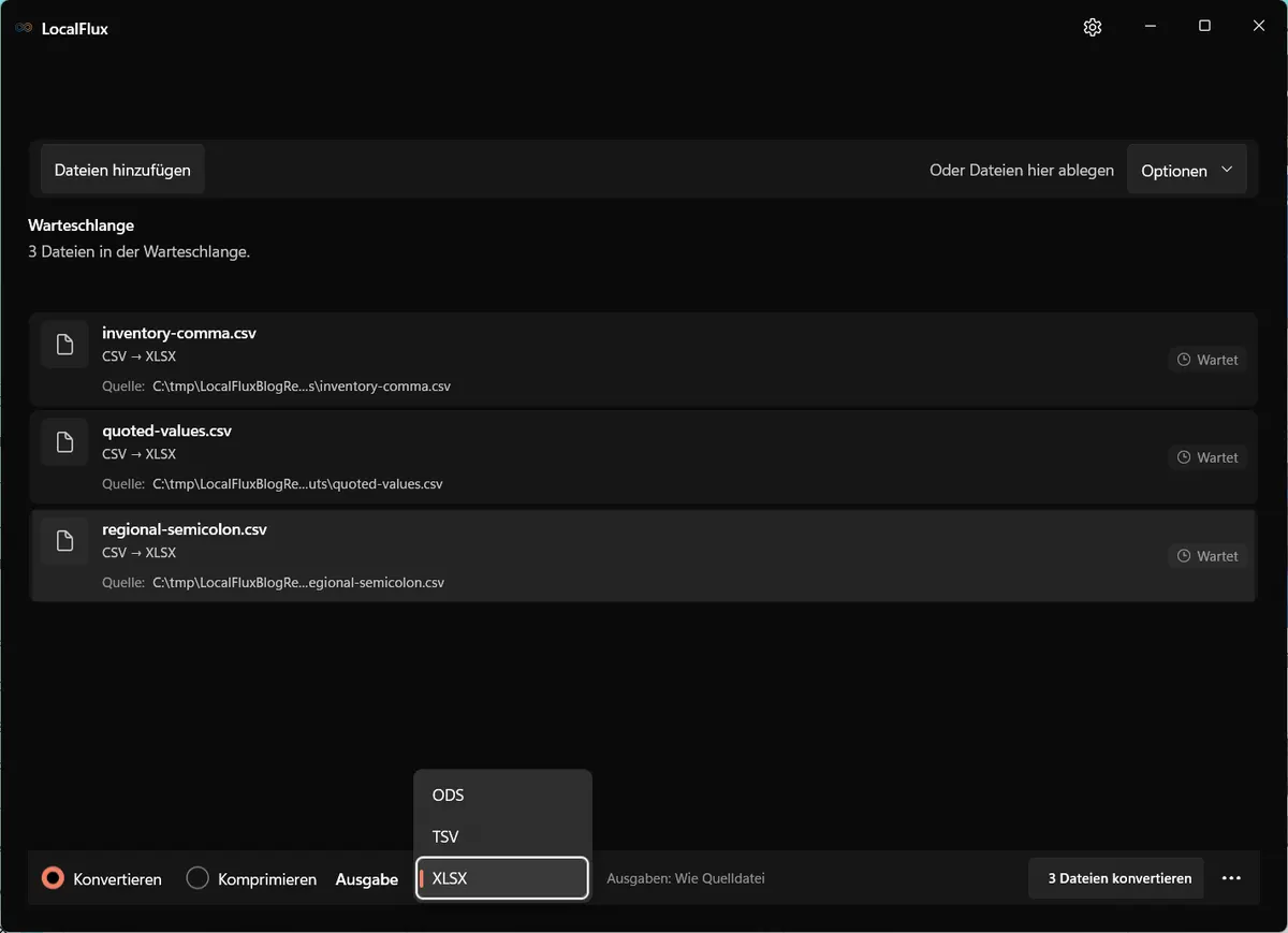 Ausgabeoptionen: CSV → XLSX