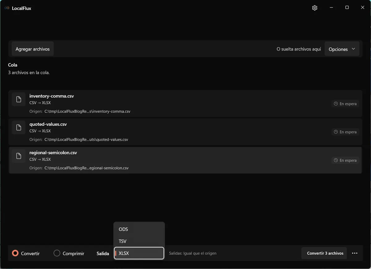 Opciones de salida: CSV → XLSX