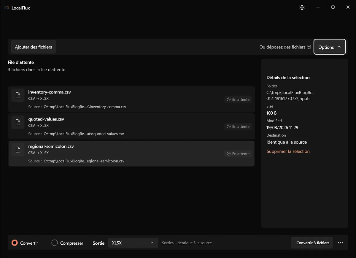 Détails des CSV: CSV → XLSX