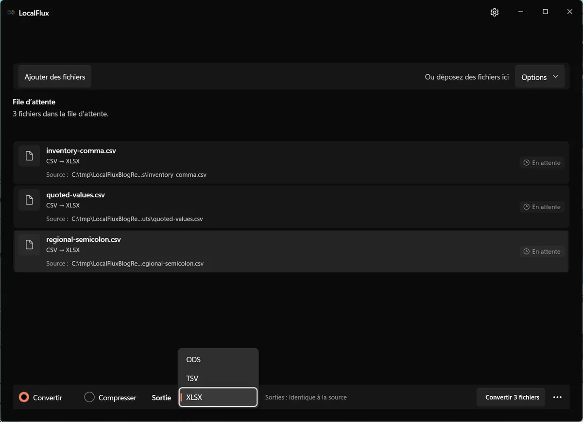 Options de sortie: CSV → XLSX