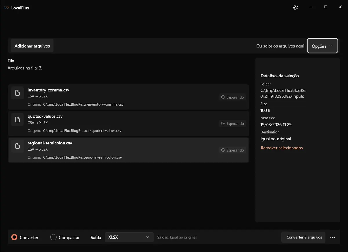 Detalhes da seleção de um arquivo CSV no LocalFlux.