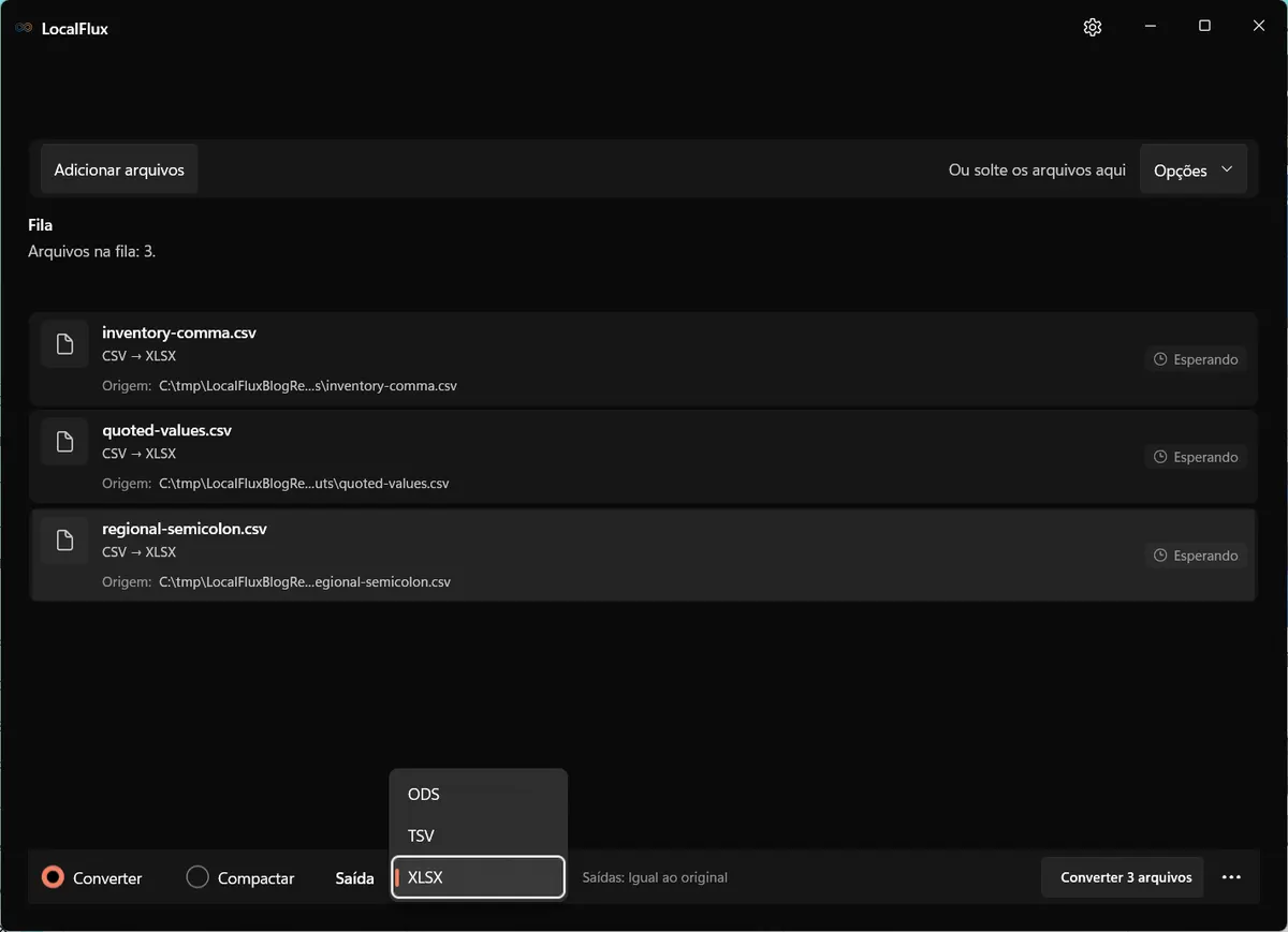 Menu de saída do LocalFlux com XLSX selecionado.
