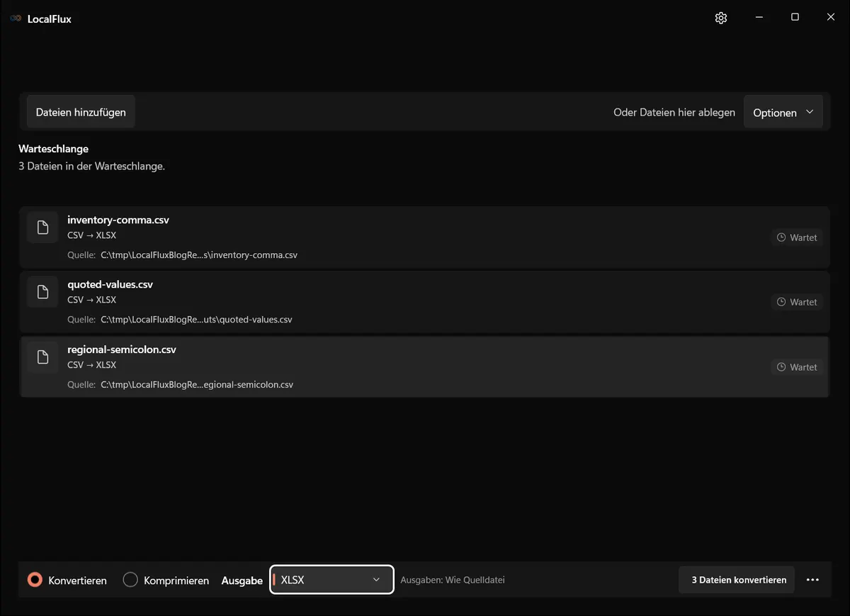 Dateien bereit: CSV → XLSX
