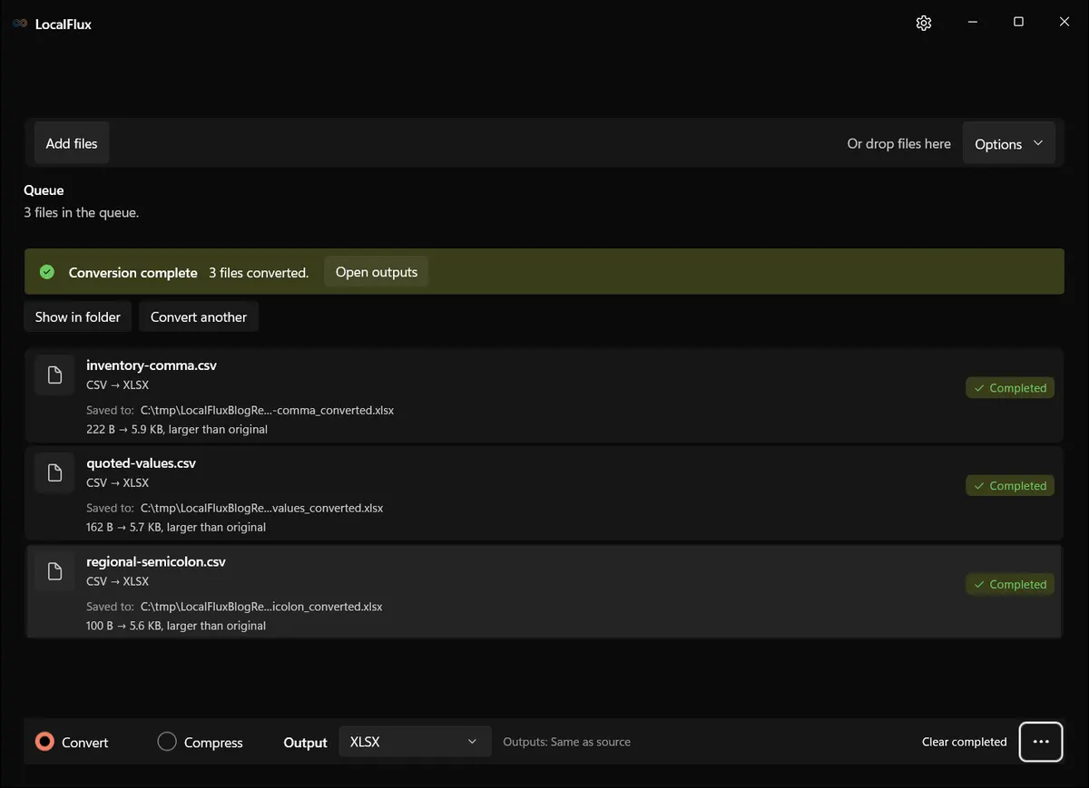Three completed CSV-to-XLSX conversions in LocalFlux.