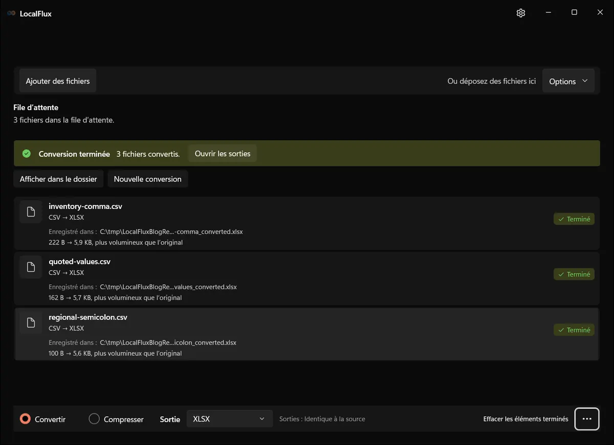 Conversion terminée: CSV → XLSX