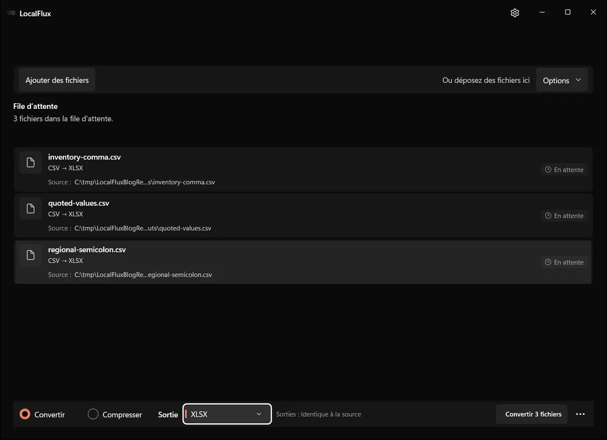 Fichiers prêts: CSV → XLSX