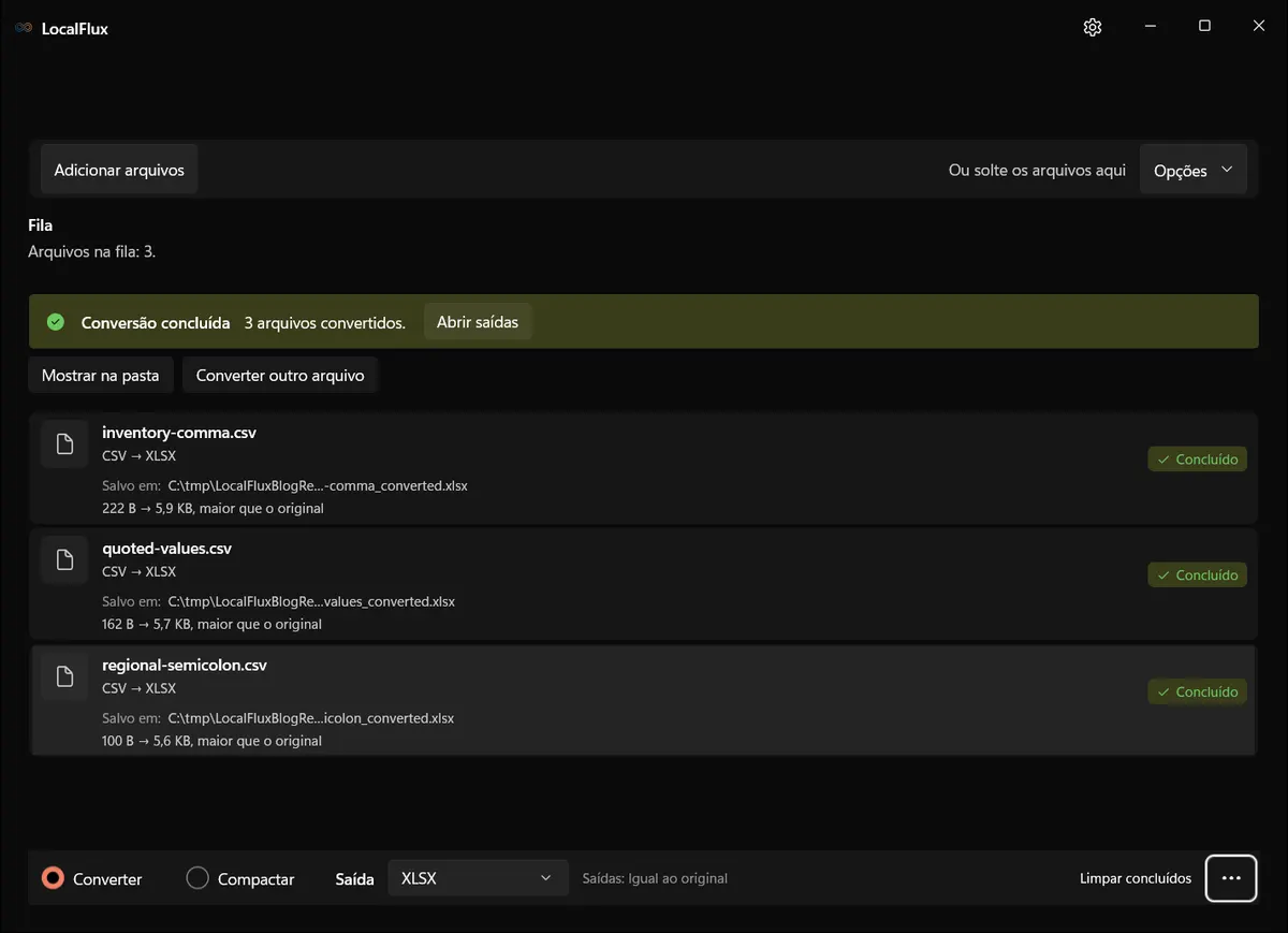 Três conversões de CSV para XLSX concluídas no LocalFlux.