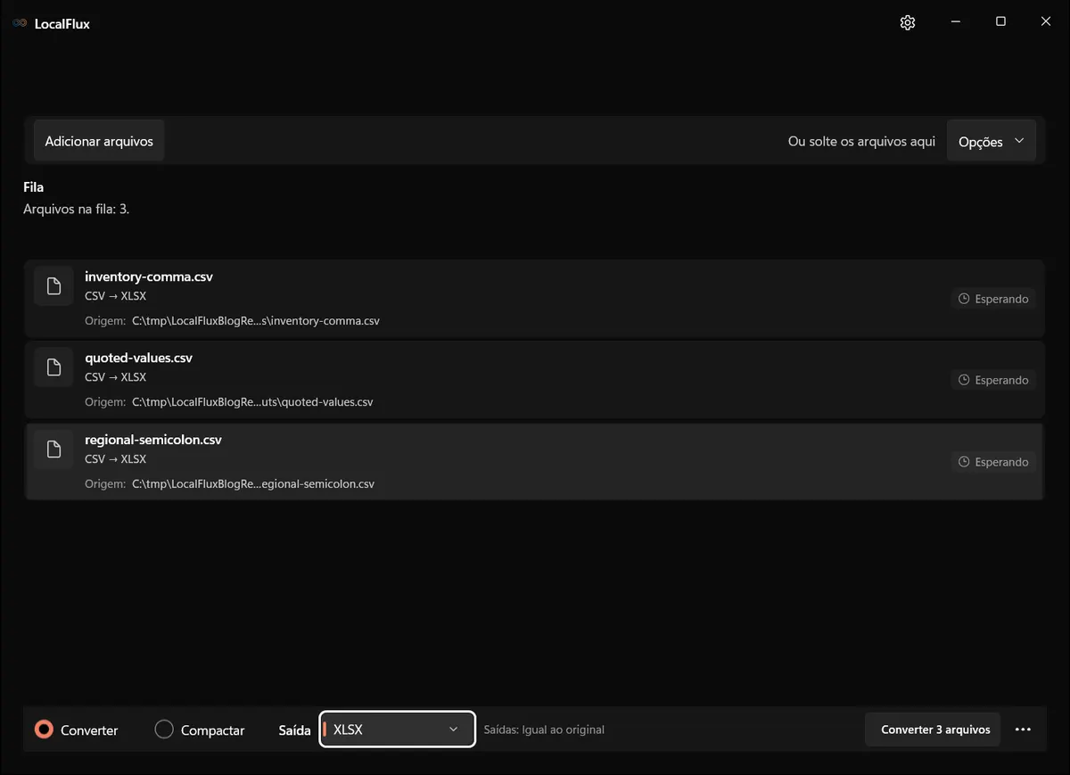Três arquivos CSV aguardando conversão para XLSX.
