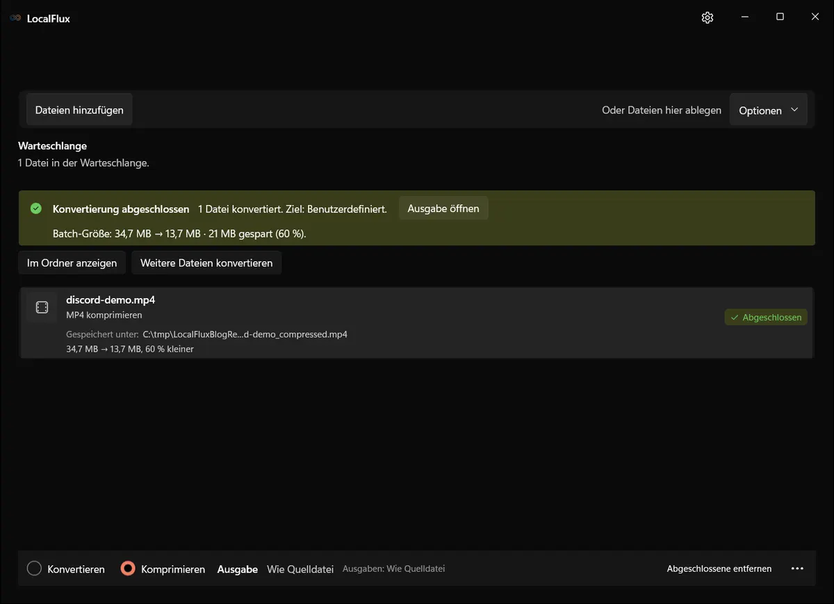 Abgeschlossene Videokomprimierung mit Ein- und Ausgabegröße in LocalFlux.
