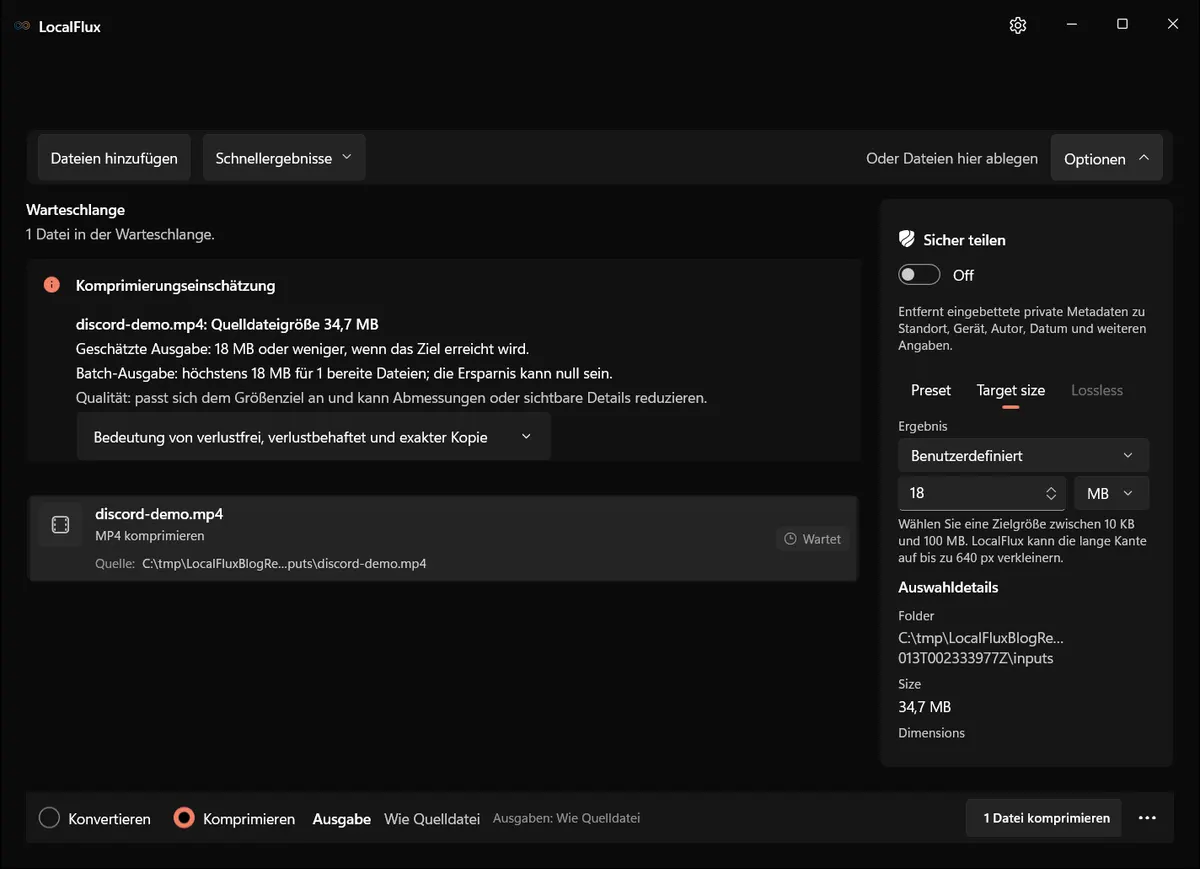 Benutzerdefinierte Zielgröße von 18 MB in der deutschen App.