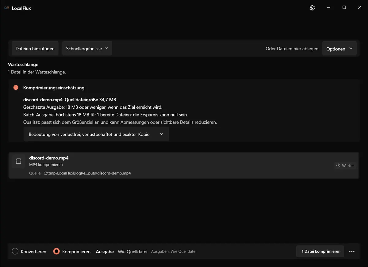 Ein Video liegt in der deutschen LocalFlux-Oberfläche zur Komprimierung bereit.