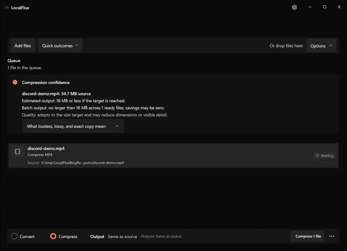 A video loaded into LocalFlux in Compress mode, ready for local processing.