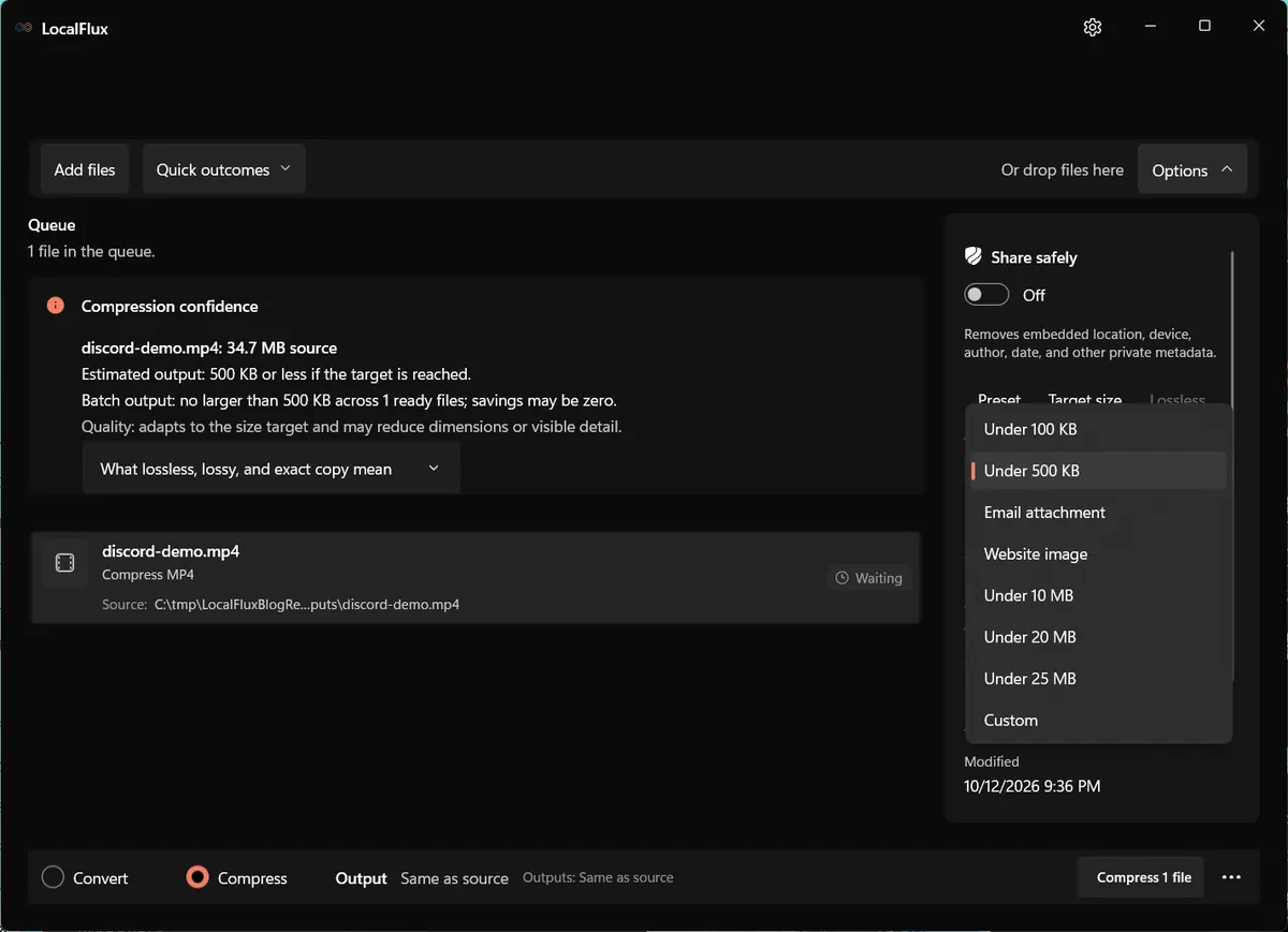 LocalFlux's target-size menu showing the available outcomes and Custom.