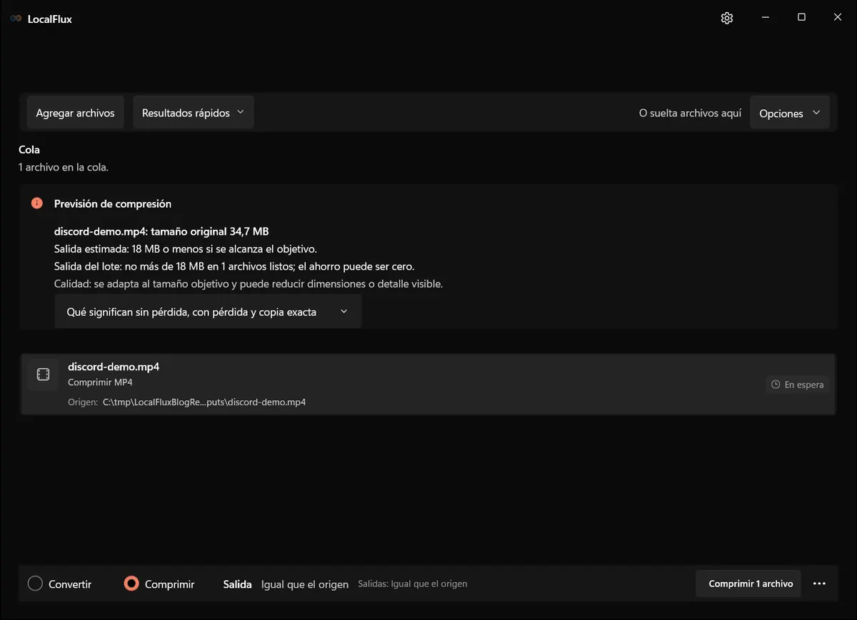 Vídeo preparado en la cola de LocalFlux, con la interfaz en español.