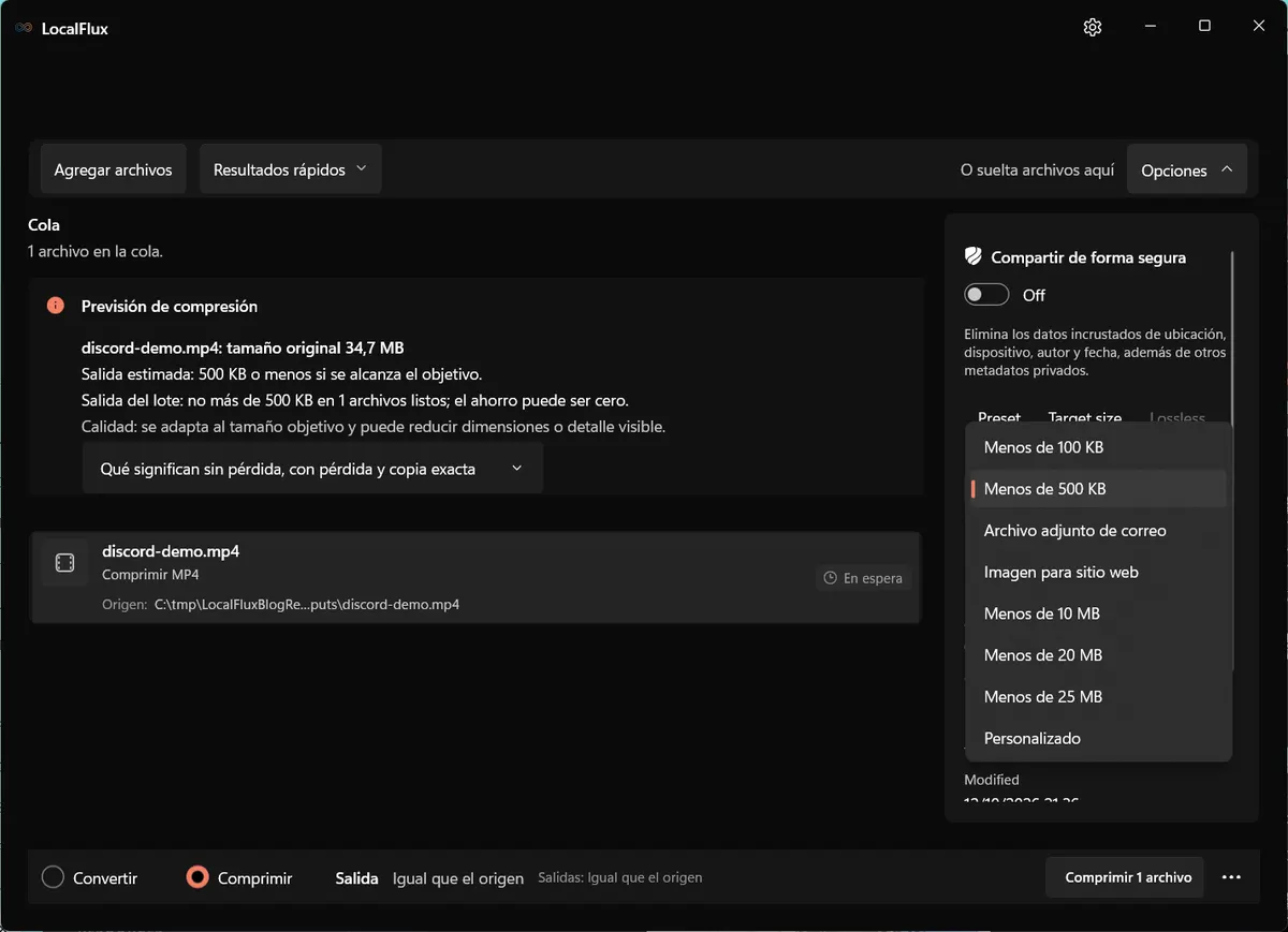 Menú de tamaños objetivo de LocalFlux en español, incluida la opción personalizada.