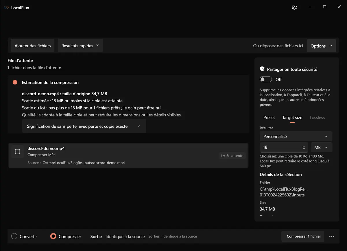 Cible personnalisée de 18 MB configurée dans LocalFlux.