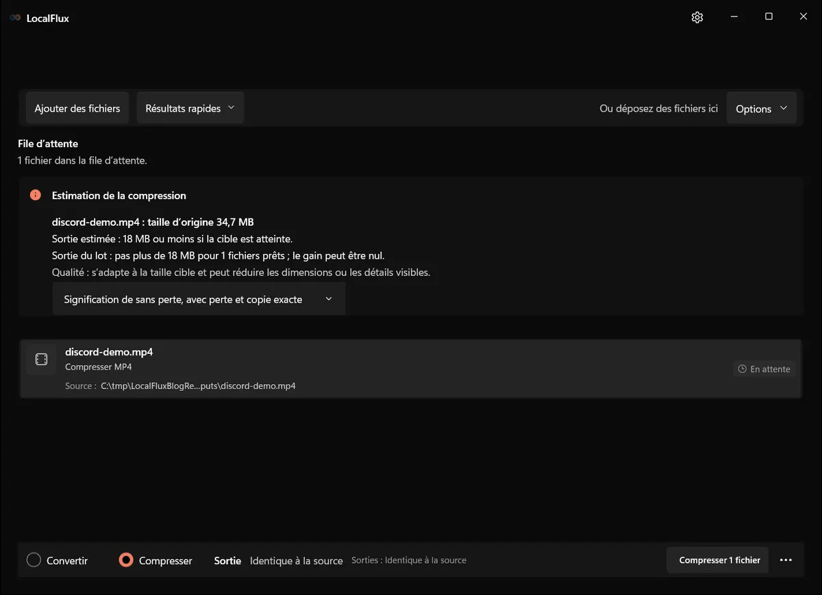 Vidéo prête à être compressée dans l'interface française de LocalFlux.