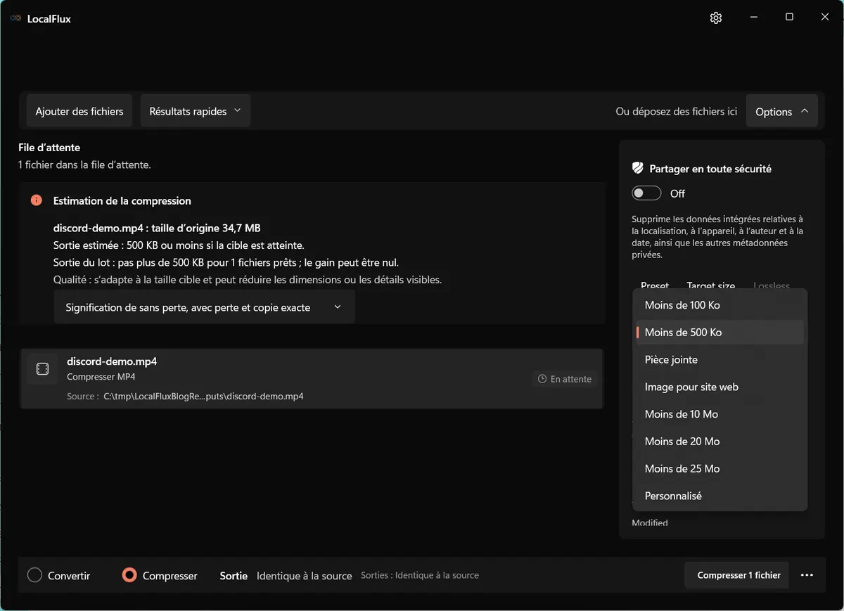 Liste des tailles cibles de LocalFlux en français.
