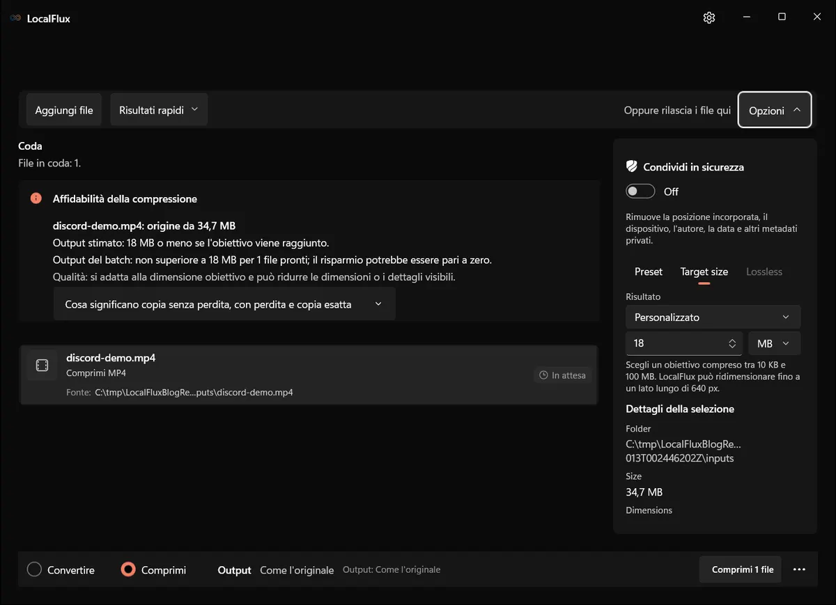 Dimensione obiettivo personalizzata di 18 MB impostata in LocalFlux.